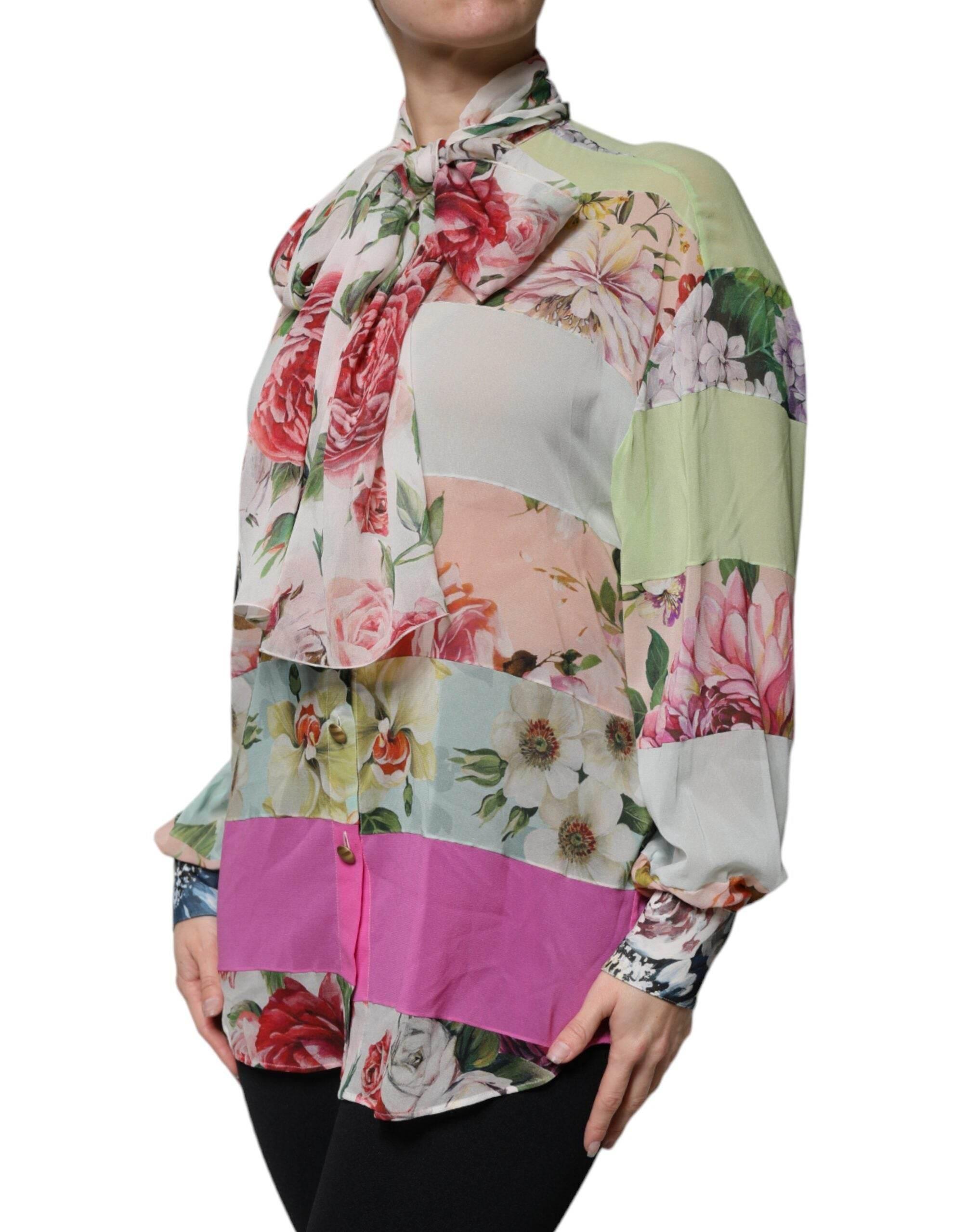 Dolce & Gabbana Multicolor Floral Patchwork Ascot Collar Top - Hilstor