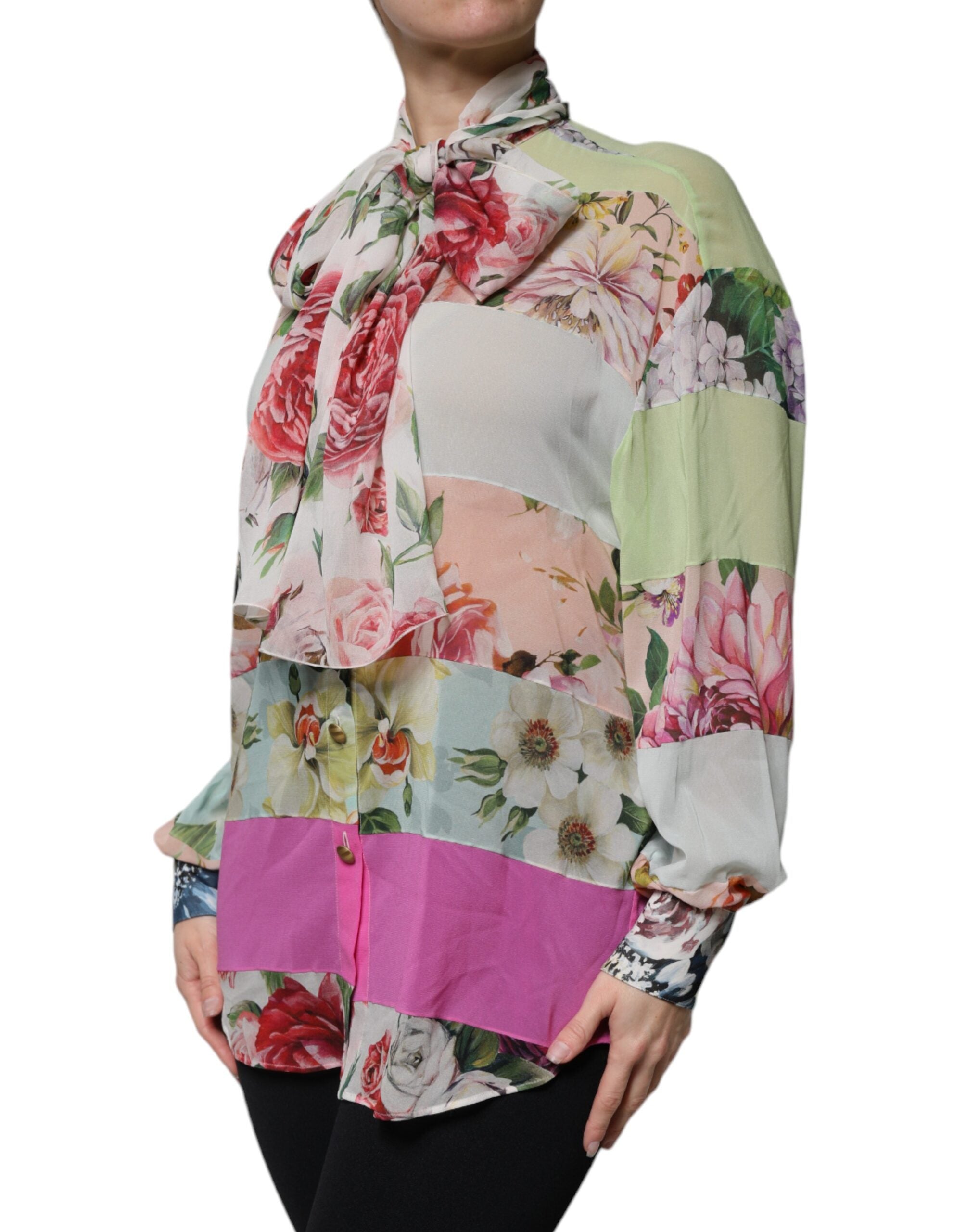Dolce &amp; Gabbana Multicolor Floral Patchwork Ascot Collar Top