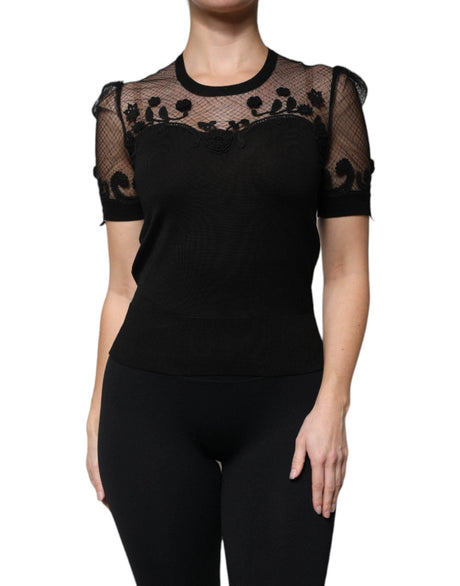 Dolce & Gabbana Black Floral Lace Short Sleeves Blouse Top - Hilstor