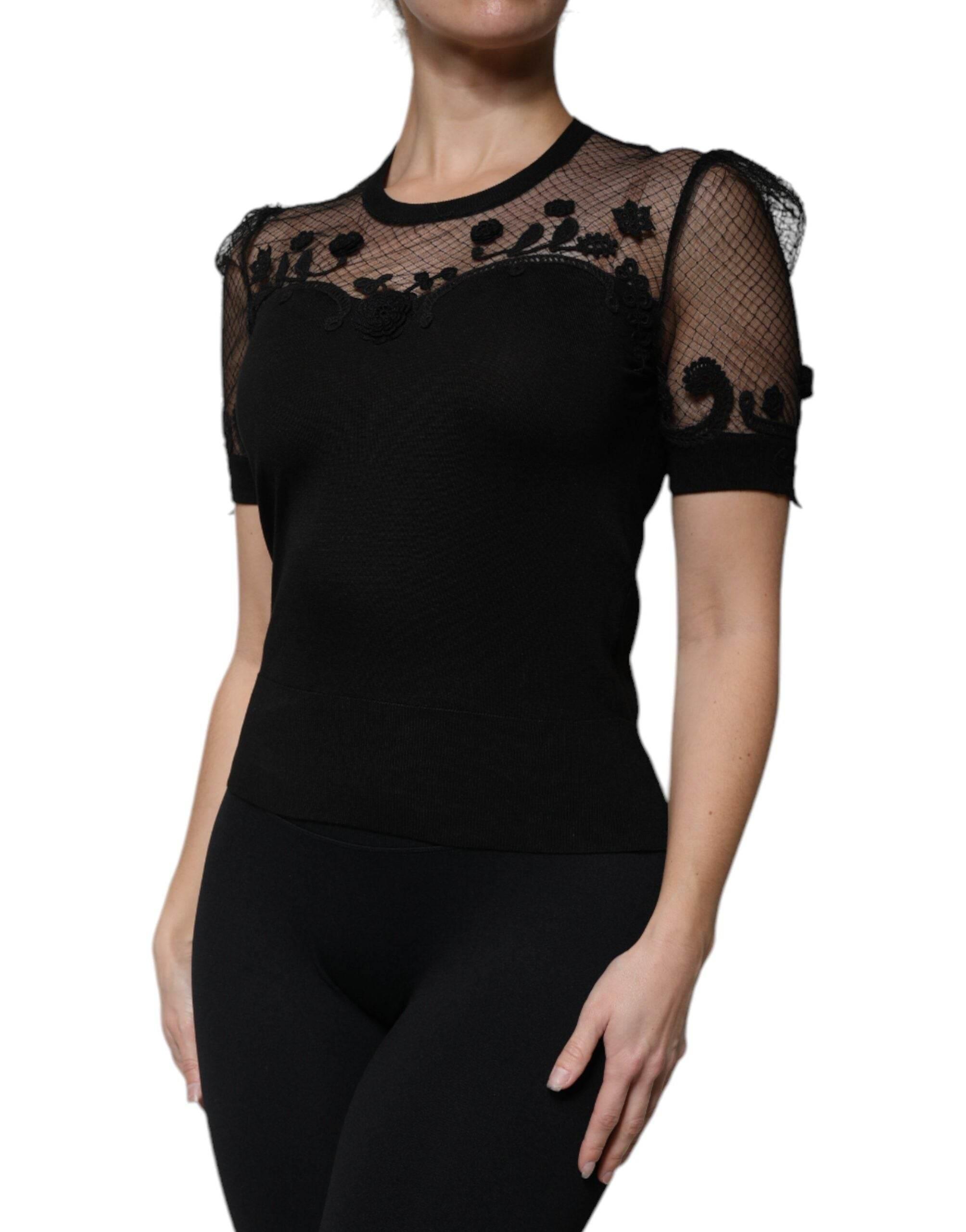 Dolce & Gabbana Black Floral Lace Short Sleeves Blouse Top - Hilstor