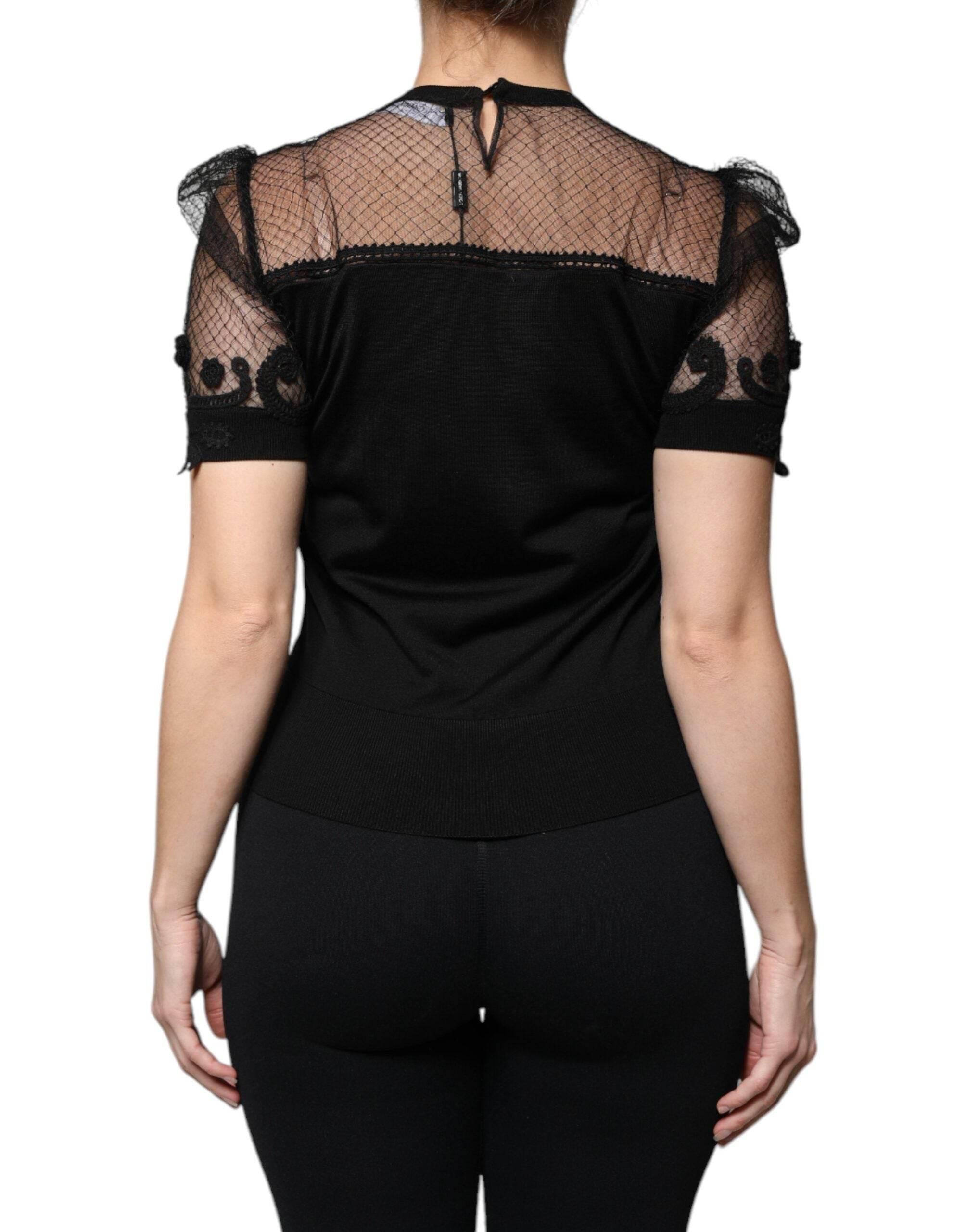 Dolce & Gabbana Black Floral Lace Short Sleeves Blouse Top - Hilstor