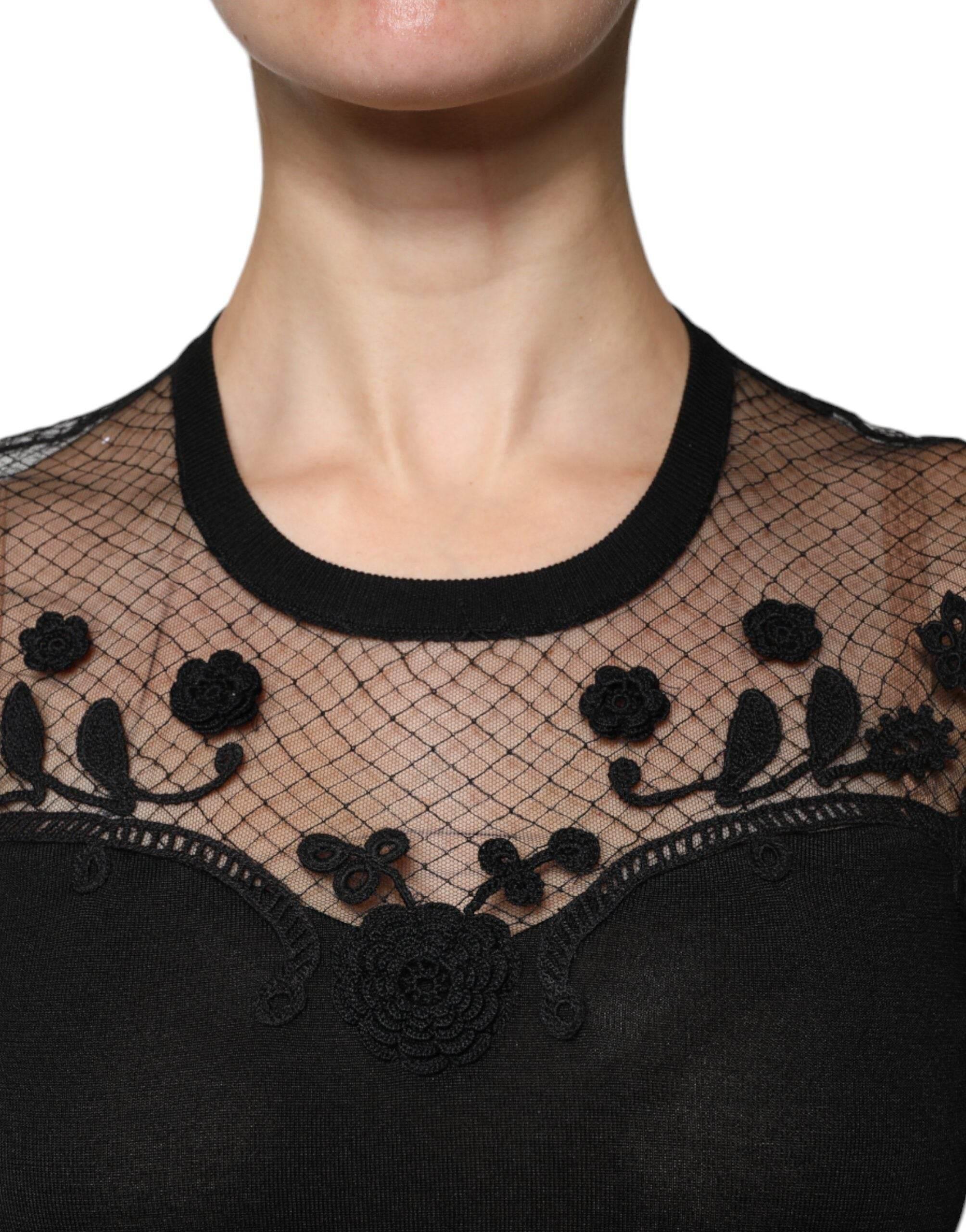 Dolce & Gabbana Black Floral Lace Short Sleeves Blouse Top - Hilstor
