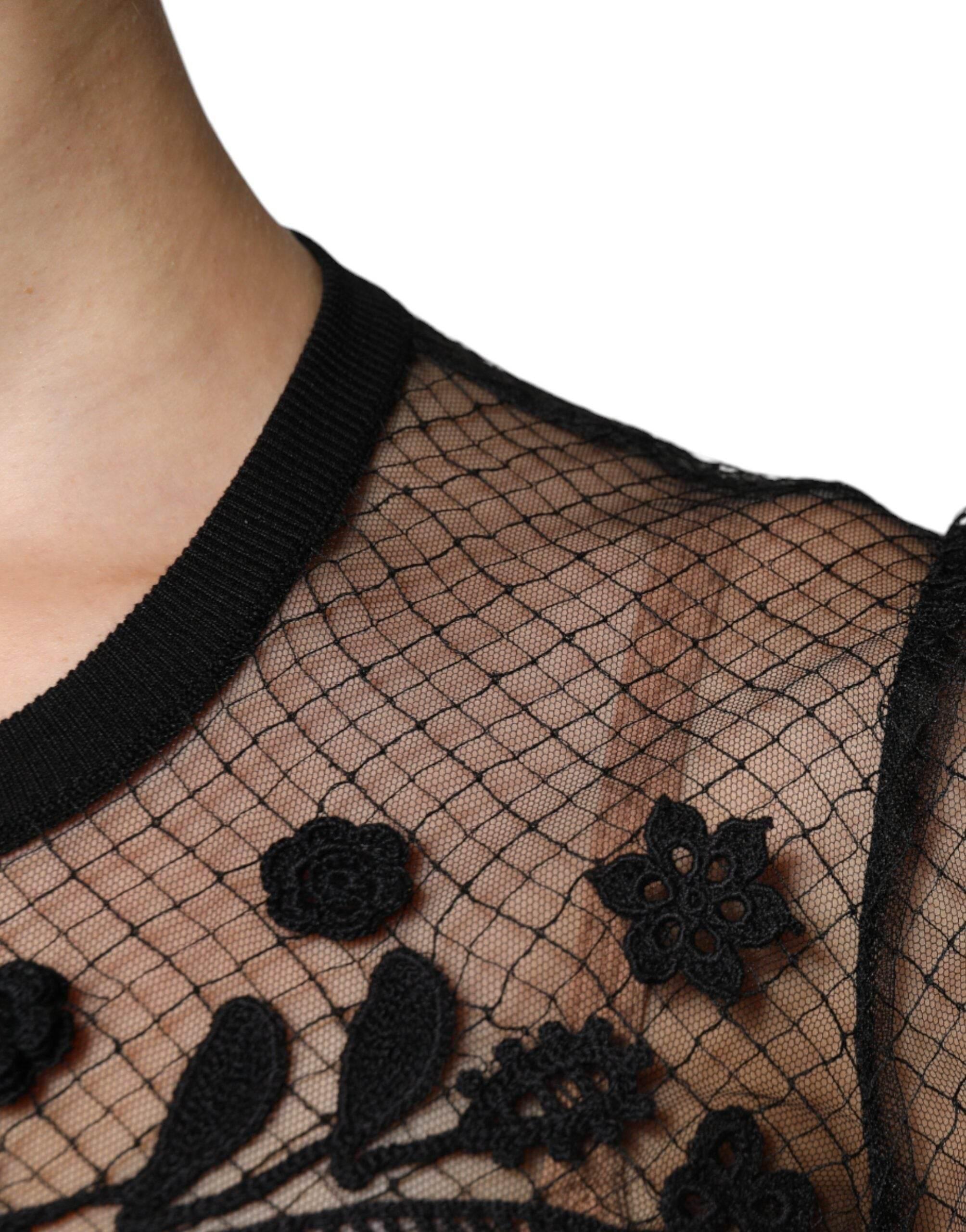 Dolce & Gabbana Black Floral Lace Short Sleeves Blouse Top - Hilstor