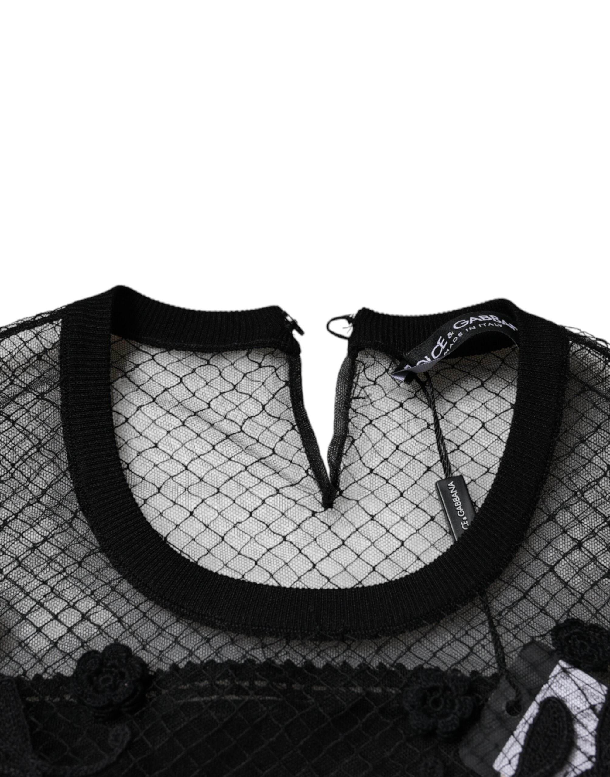 Dolce & Gabbana Black Floral Lace Short Sleeves Blouse Top - Hilstor