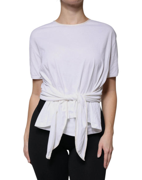Dolce & Gabbana White Cotton Silk Round Neck Wrap Blouse Top - Hilstor