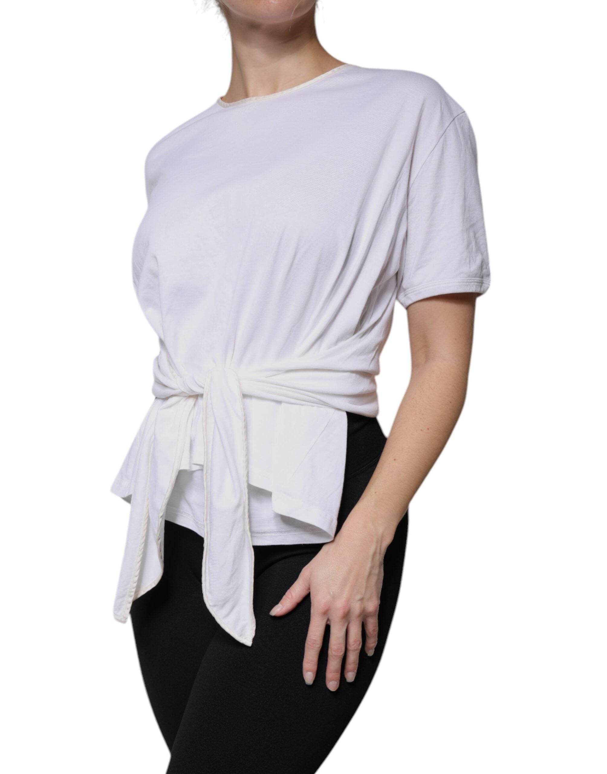 Dolce & Gabbana White Cotton Silk Round Neck Wrap Blouse Top - Hilstor