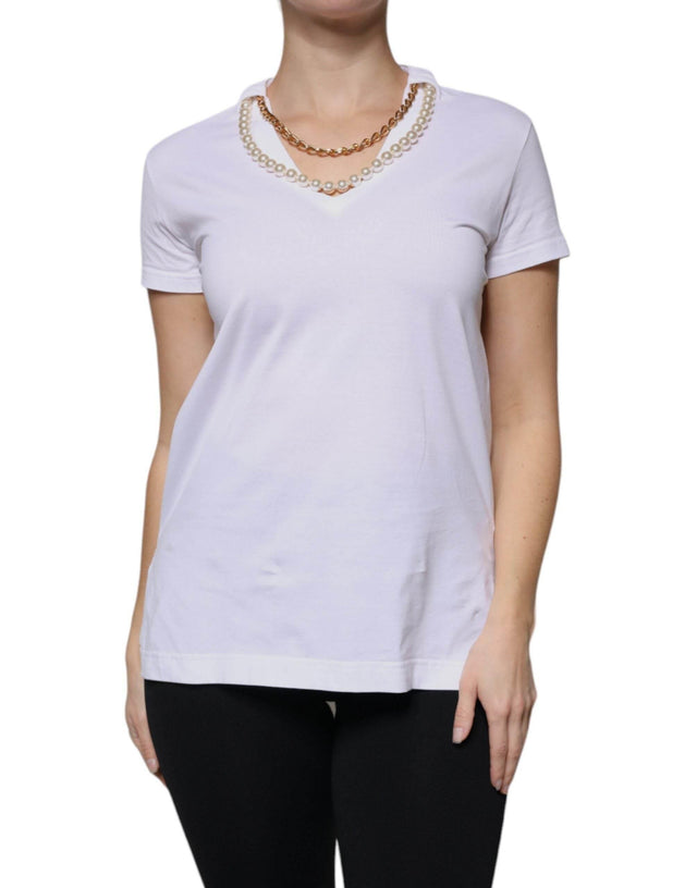 Dolce & Gabbana White Cotton Necklace Chain Short Sleeves T-shirt - Hilstor