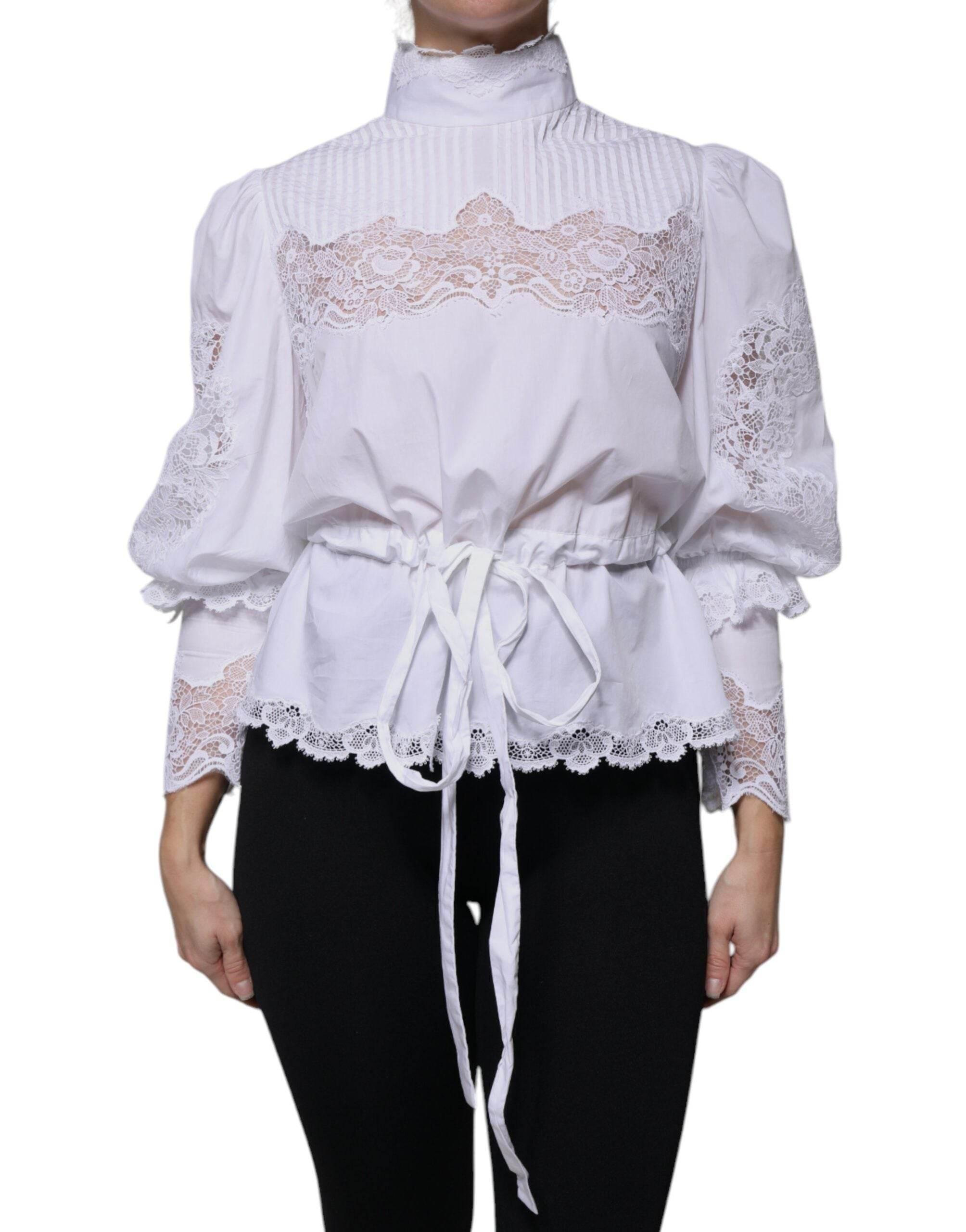 Dolce & Gabbana White Cotton Lace Trim Turtleneck Blouse Top - Hilstor