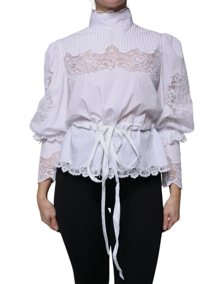 Dolce & Gabbana White Cotton Lace Trim Turtleneck Blouse Top - Hilstor