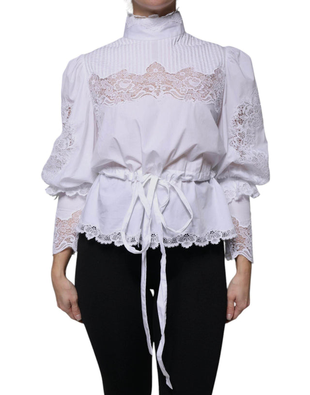 Dolce & Gabbana White Cotton Lace Trim Turtleneck Blouse Top - Hilstor