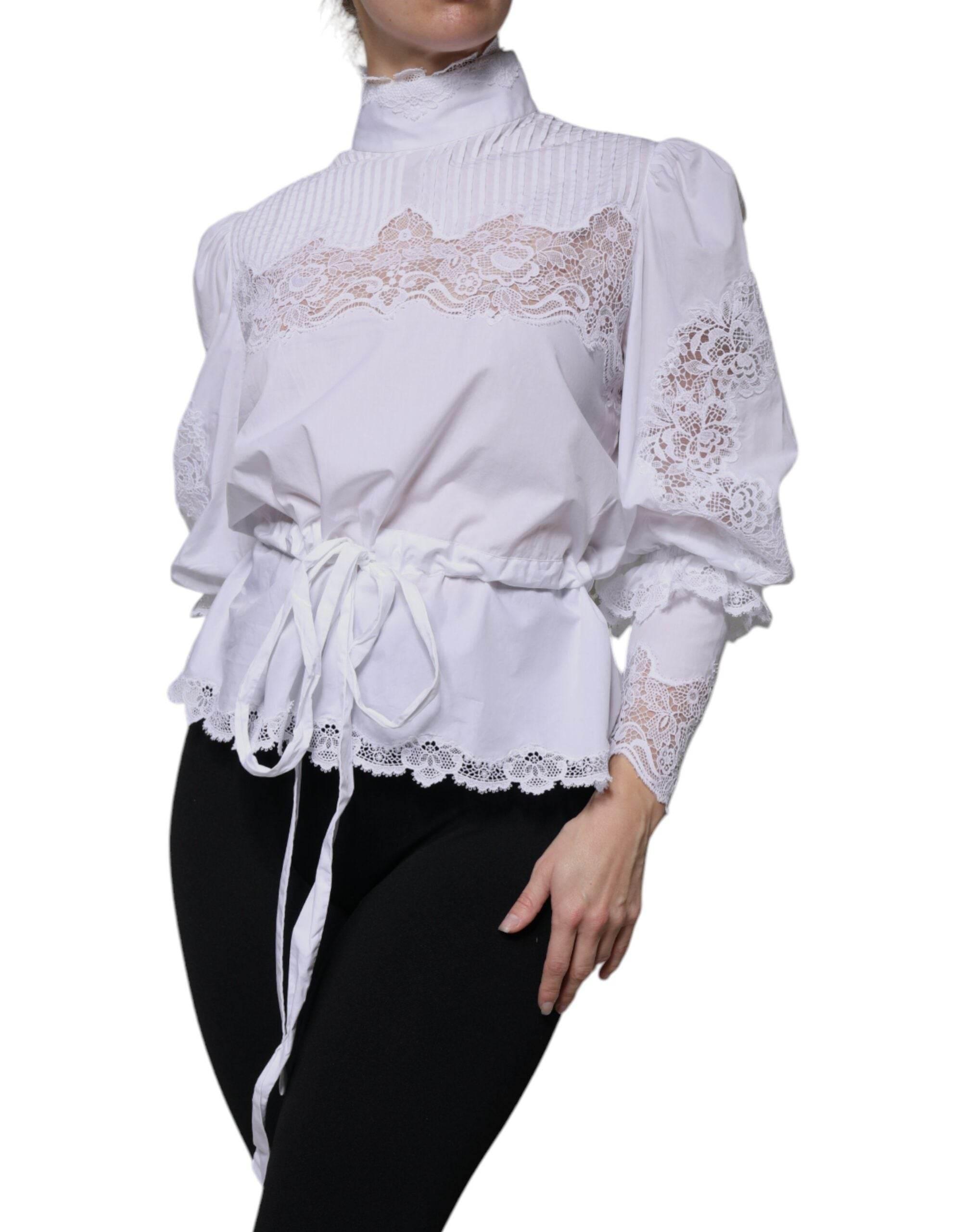 Dolce & Gabbana White Cotton Lace Trim Turtleneck Blouse Top - Hilstor