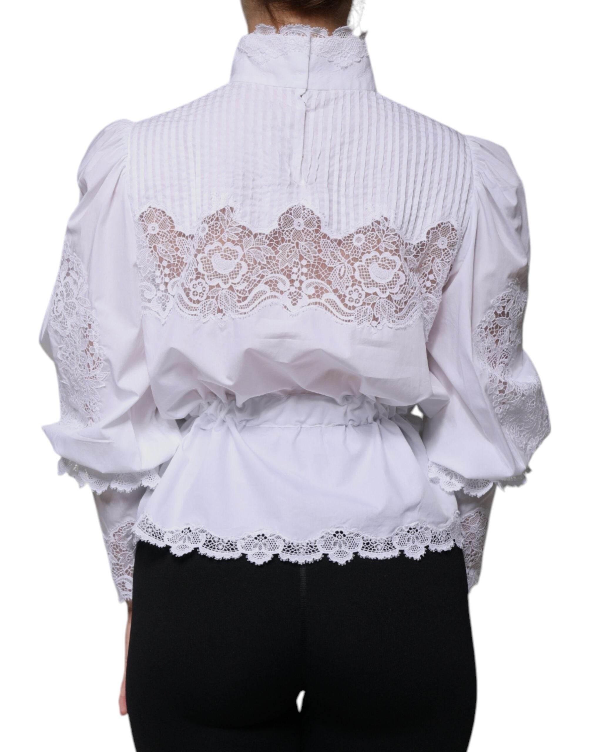 Dolce & Gabbana White Cotton Lace Trim Turtleneck Blouse Top - Hilstor