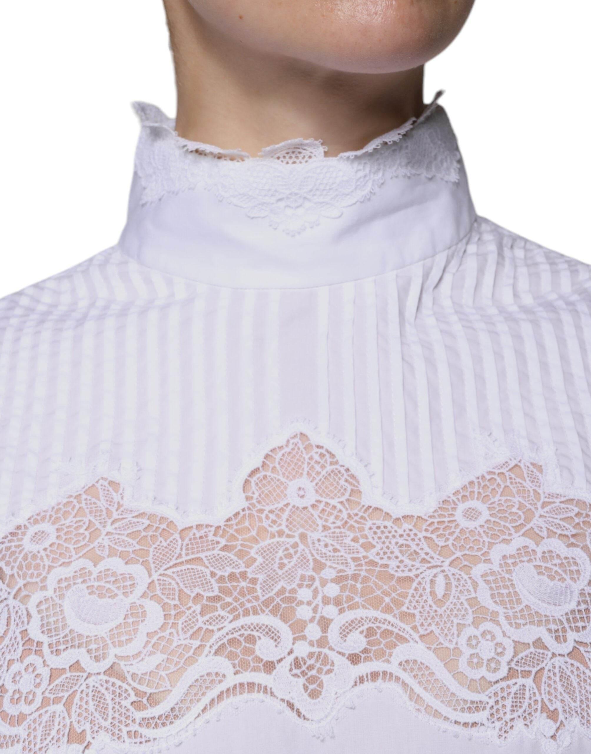Dolce & Gabbana White Cotton Lace Trim Turtleneck Blouse Top - Hilstor