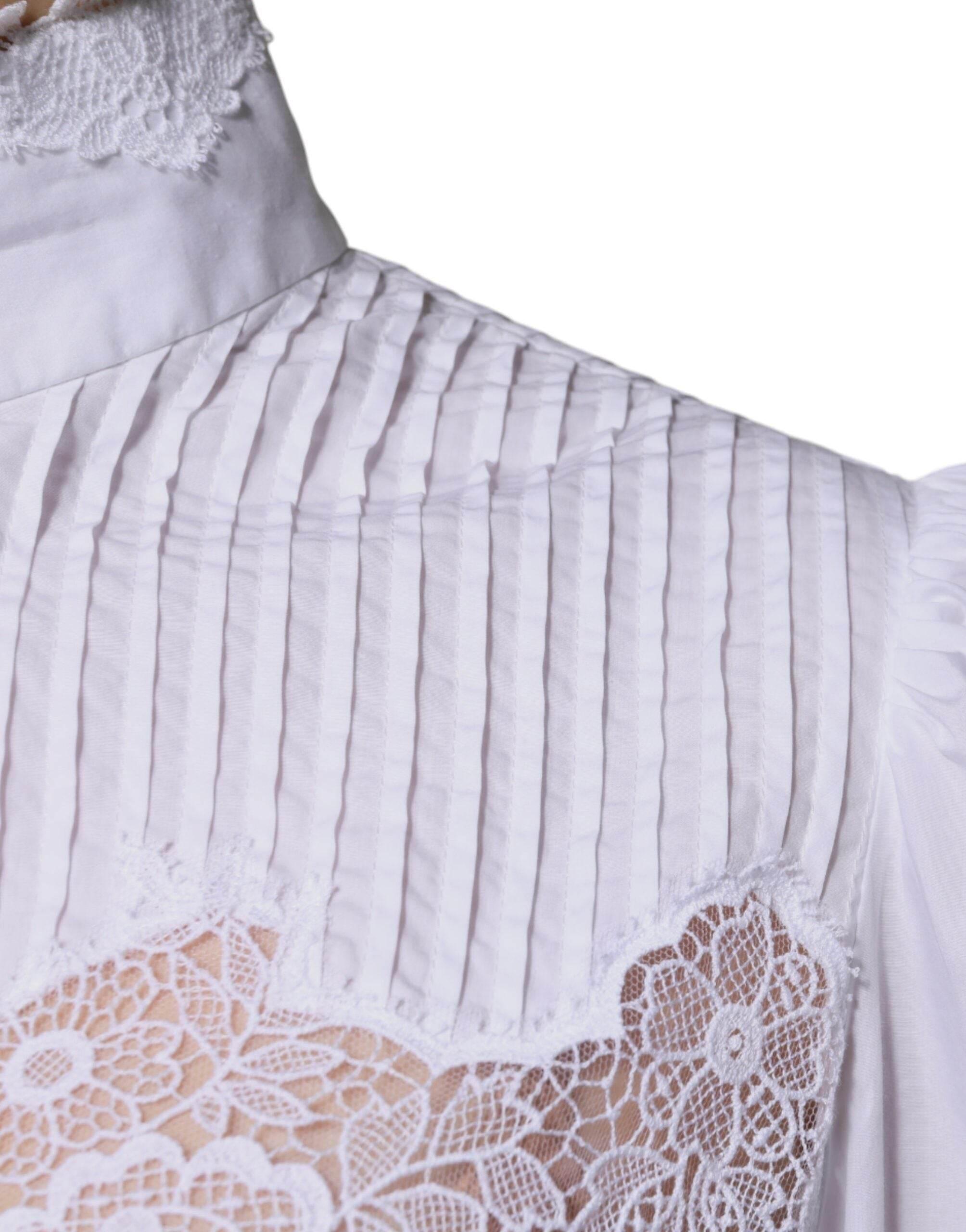 Dolce & Gabbana White Cotton Lace Trim Turtleneck Blouse Top - Hilstor