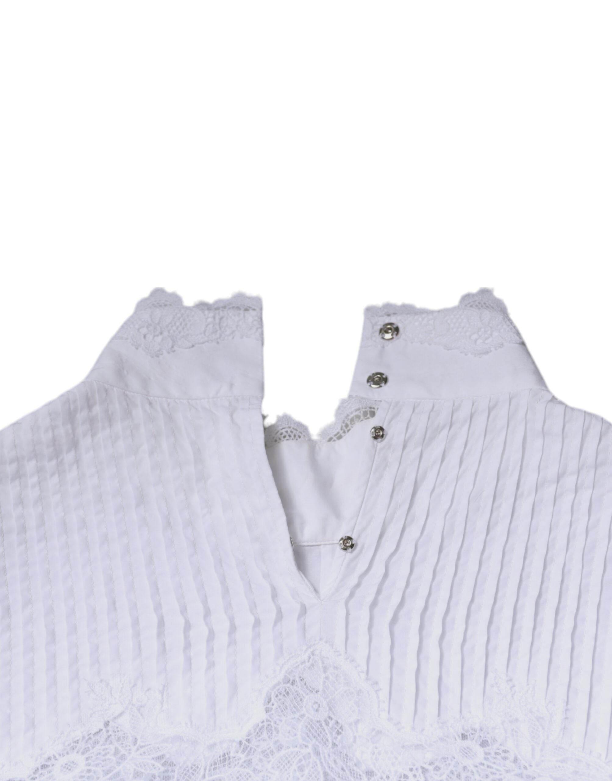 Dolce & Gabbana White Cotton Lace Trim Turtleneck Blouse Top - Hilstor