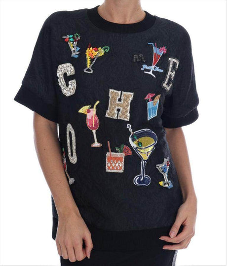 Dolce & Gabbana Black Brocade Cocktail Crystal Sweater - Hilstor