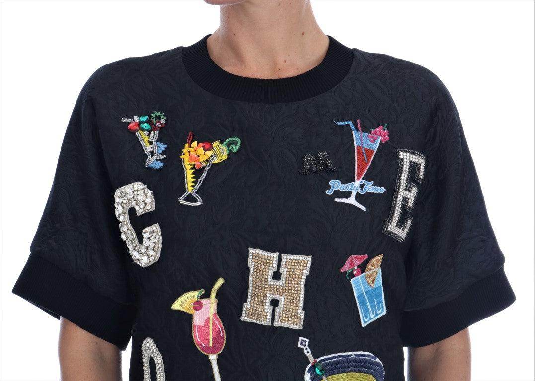 Dolce & Gabbana Black Brocade Cocktail Crystal Sweater - Hilstor