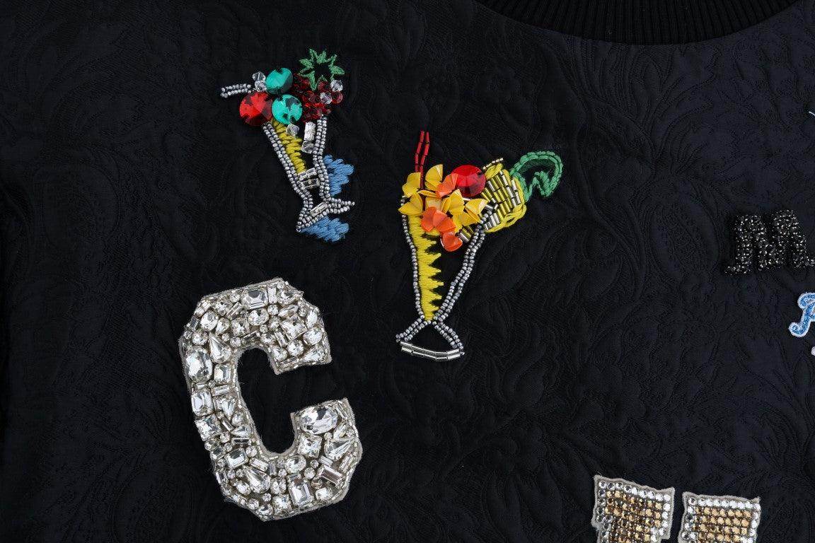 Dolce & Gabbana Black Brocade Cocktail Crystal Sweater - Hilstor