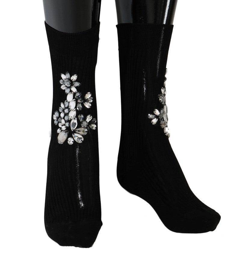 Dolce & Gabbana Crystal Embellished Black Knit Stockings - Hilstor