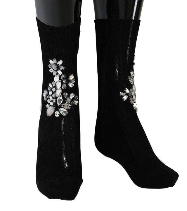 Dolce & Gabbana Crystal Embellished Black Knit Stockings - Hilstor
