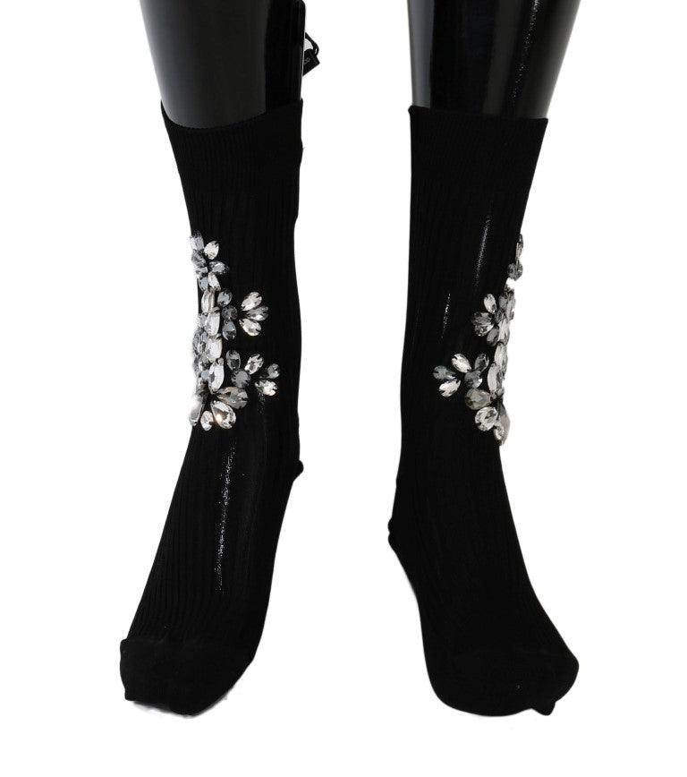 Dolce & Gabbana Crystal Embellished Black Knit Stockings - Hilstor