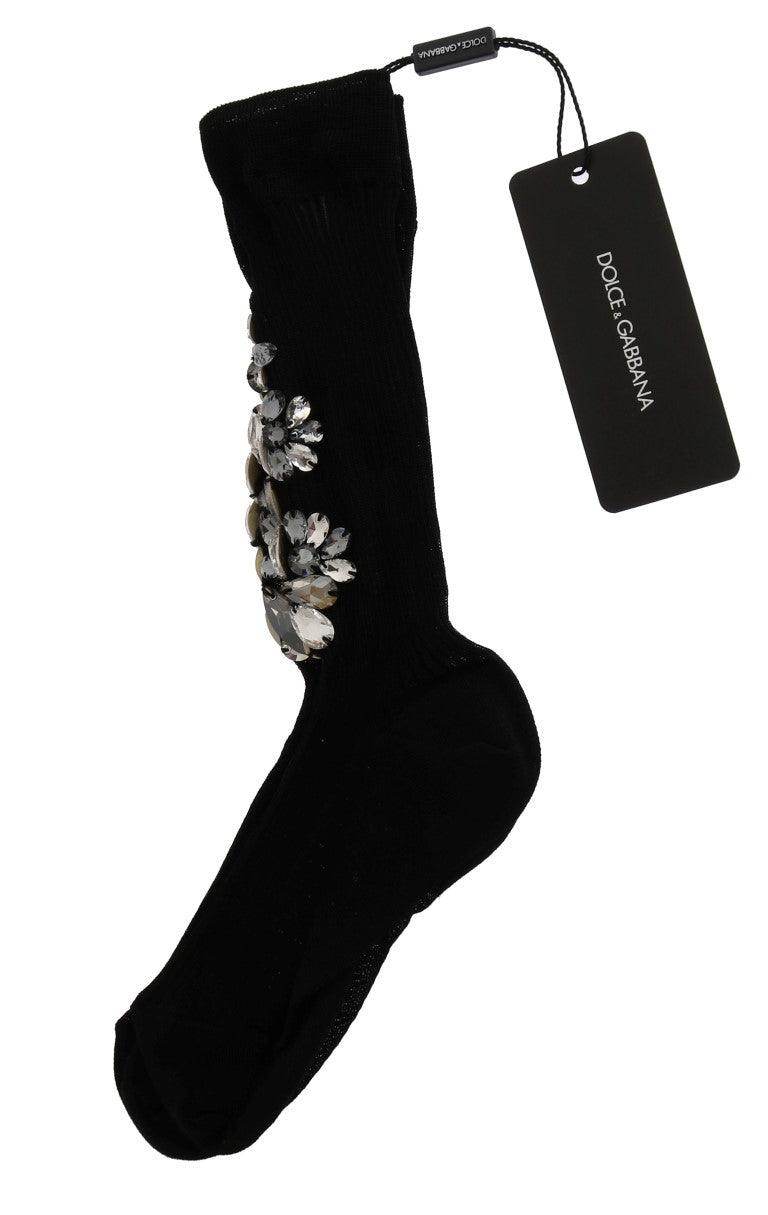 Dolce & Gabbana Crystal Embellished Black Knit Stockings - Hilstor
