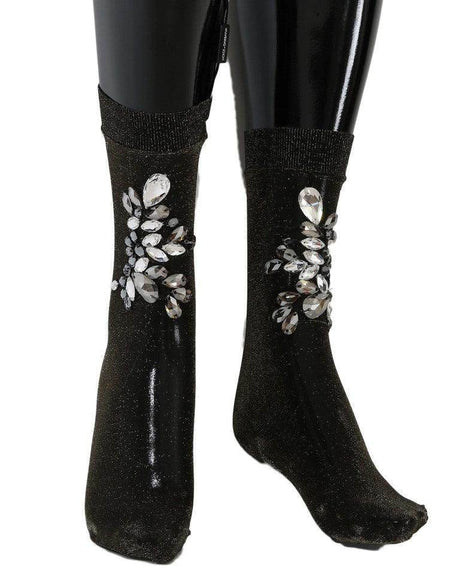 Dolce & Gabbana Crystal-Embellished Black Mid-Calf Stockings - Hilstor