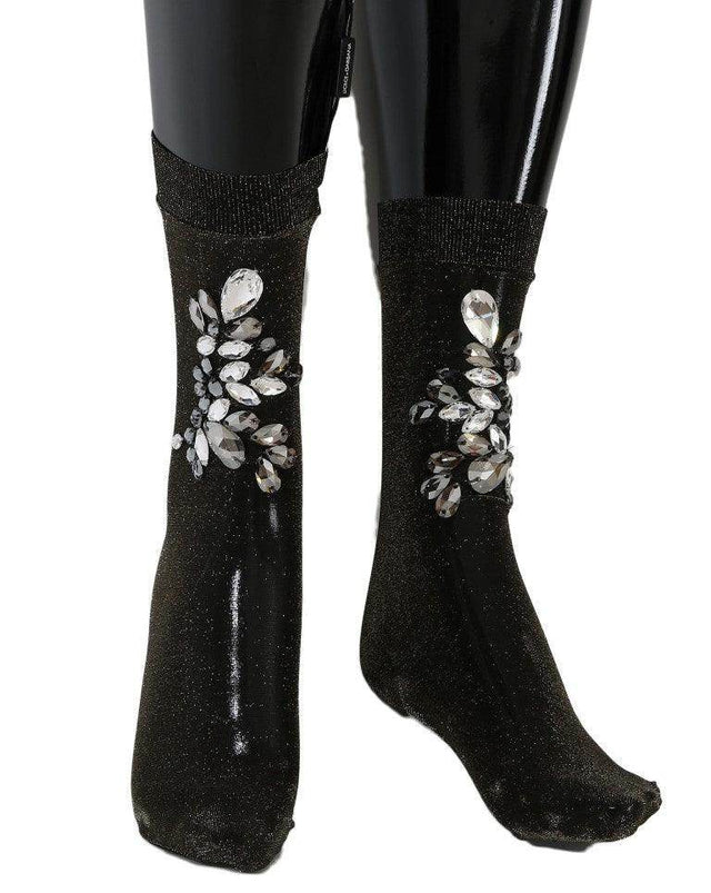 Dolce & Gabbana Crystal-Embellished Black Mid-Calf Stockings - Hilstor