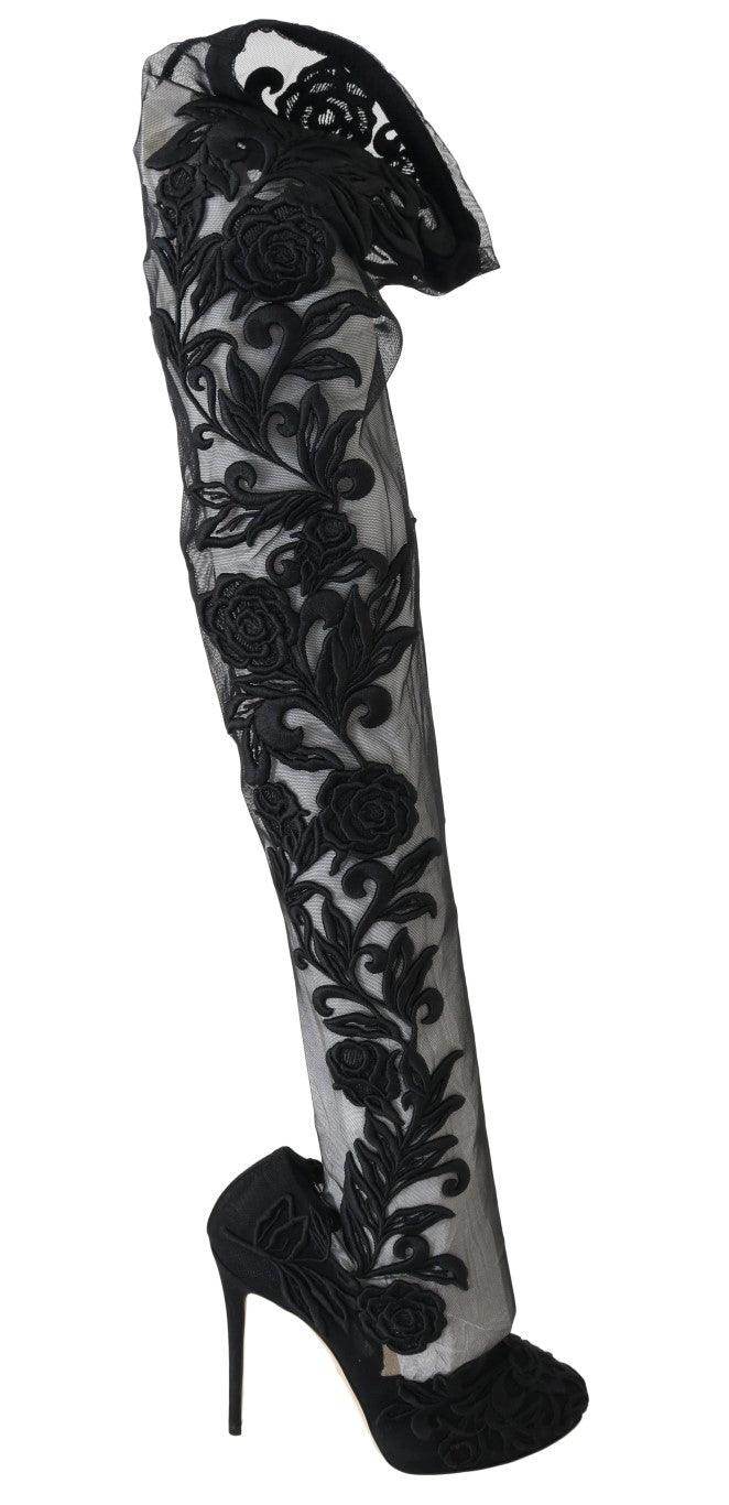 Dolce & Gabbana Embroidered Floral Over-Knee Boots - Hilstor