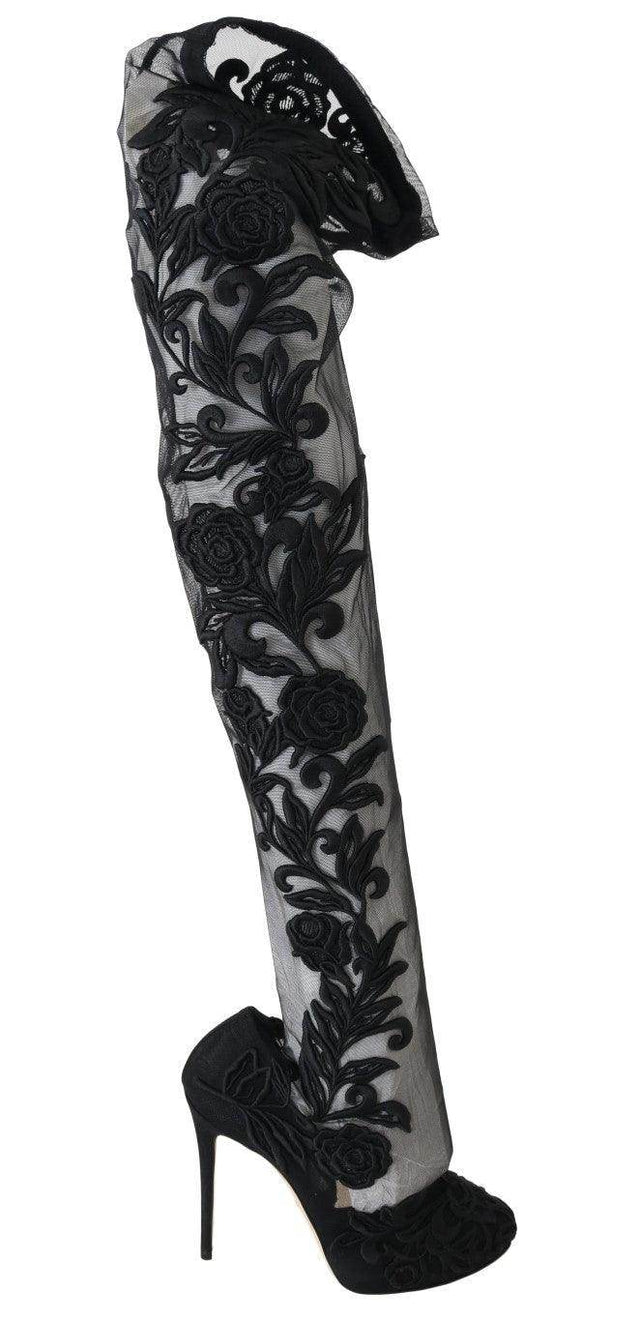 Dolce & Gabbana Embroidered Floral Over-Knee Boots - Hilstor