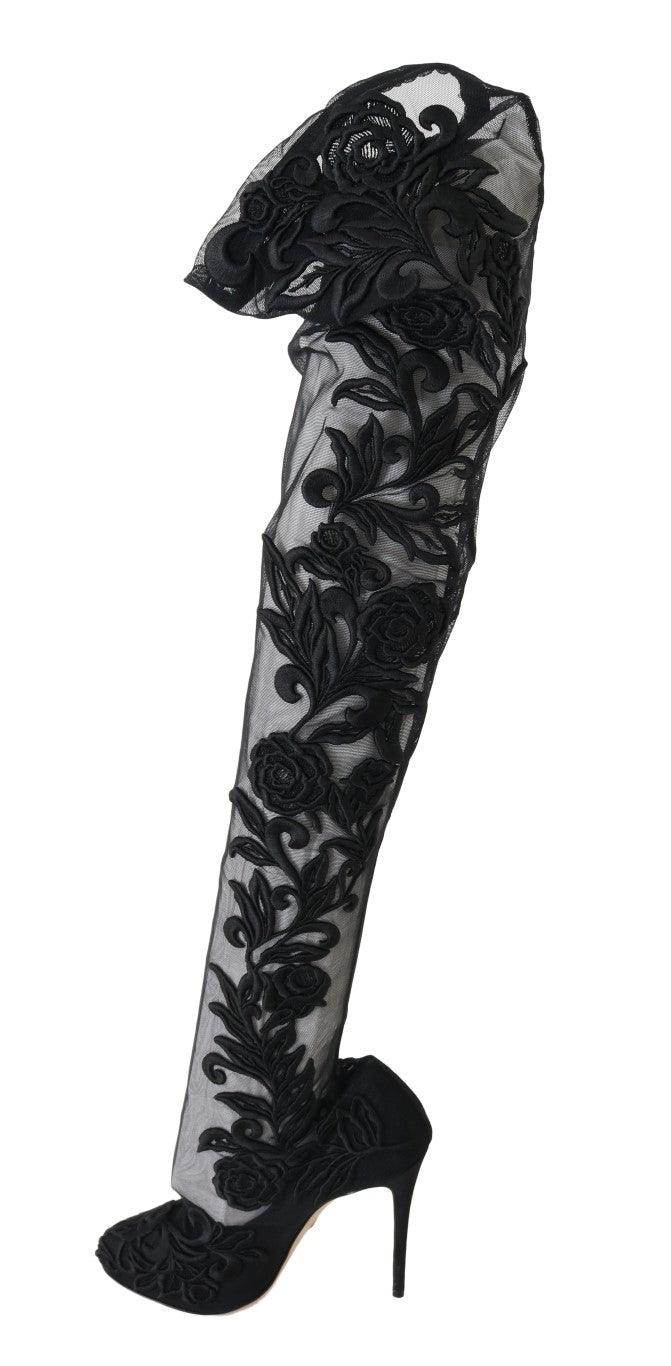 Dolce & Gabbana Embroidered Floral Over-Knee Boots - Hilstor