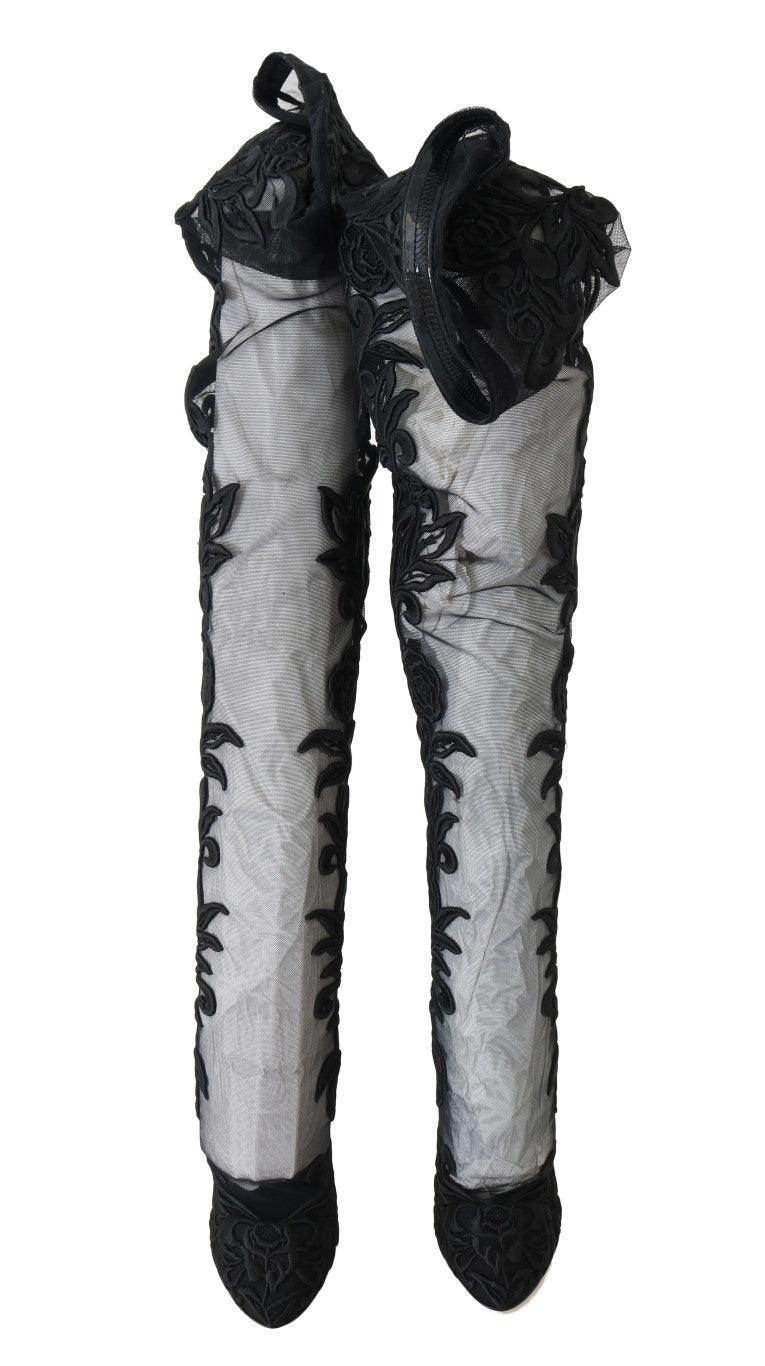 Dolce & Gabbana Embroidered Floral Over-Knee Boots - Hilstor