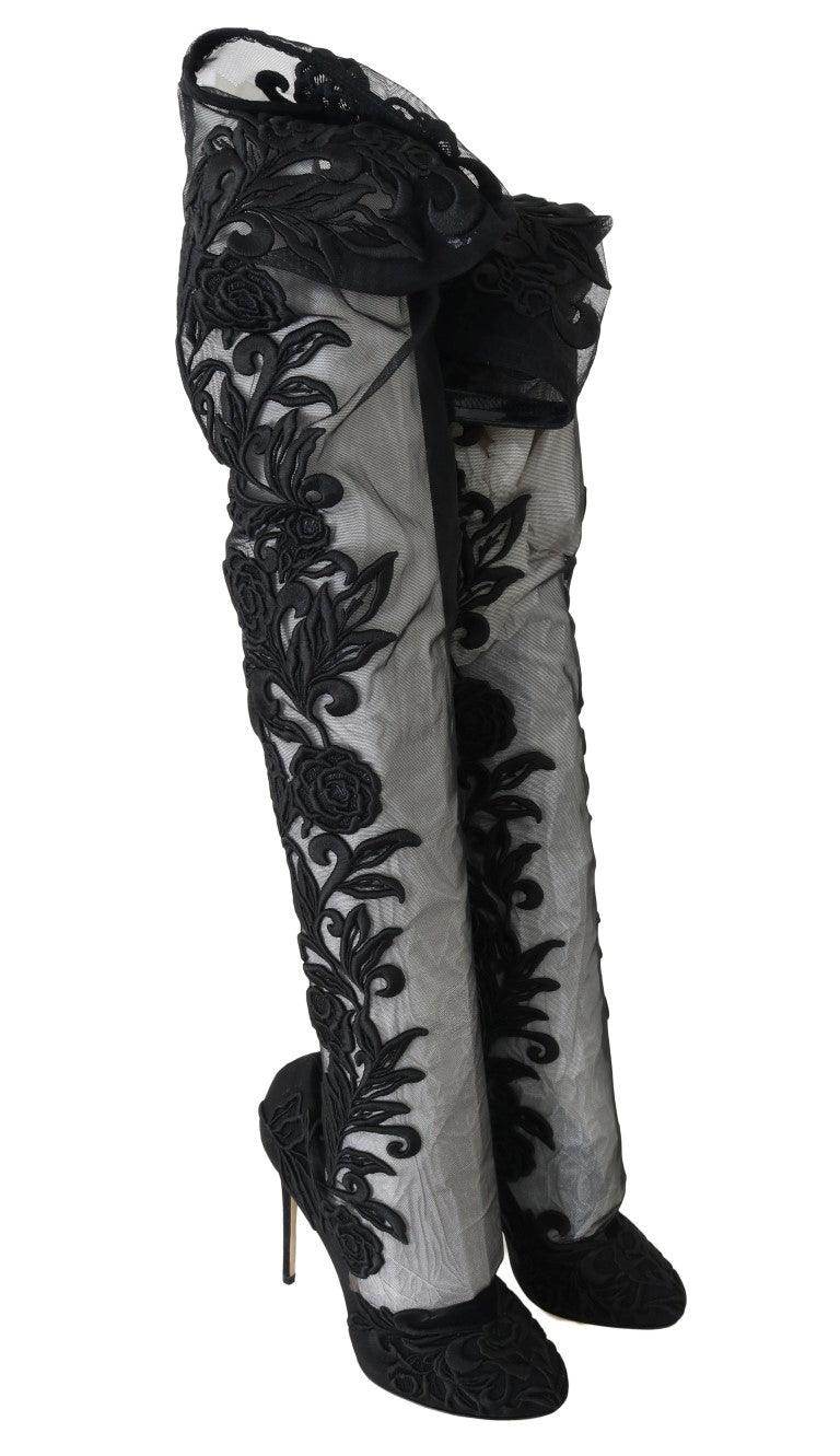Dolce & Gabbana Embroidered Floral Over-Knee Boots - Hilstor