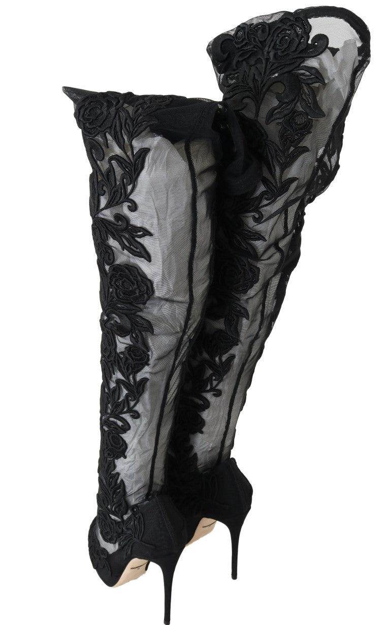 Dolce & Gabbana Embroidered Floral Over-Knee Boots - Hilstor