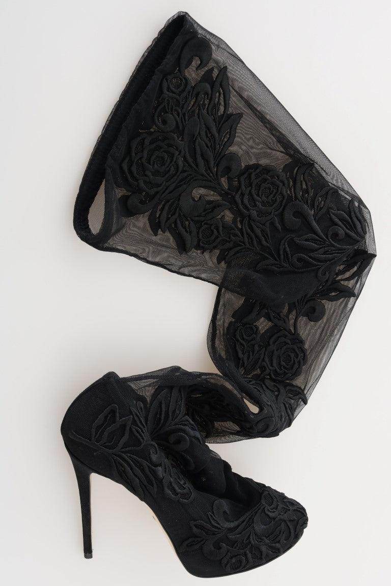 Dolce & Gabbana Embroidered Floral Over-Knee Boots - Hilstor