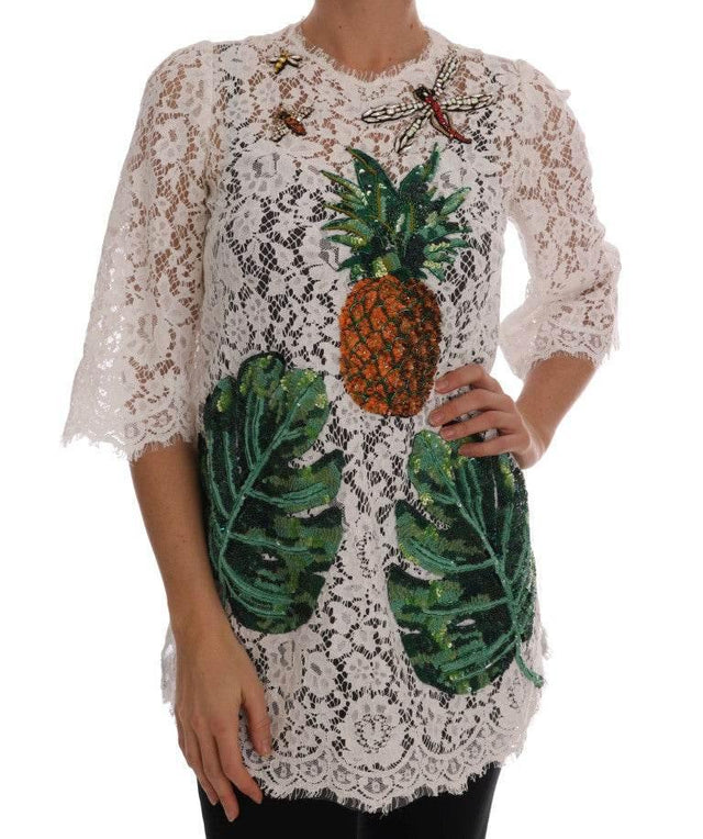 Dolce & Gabbana Elegant White Lace Embellished Mini Blouse - Hilstor