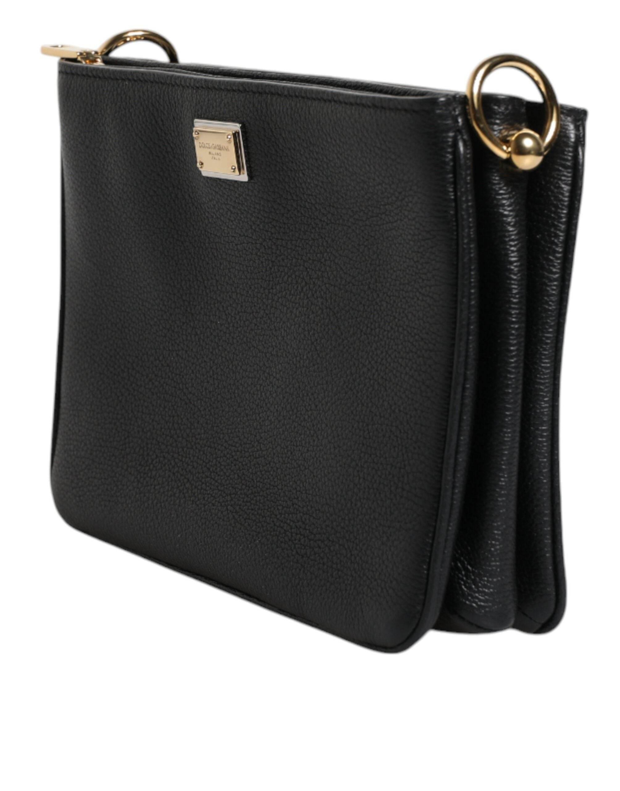Dolce & Gabbana Black Grain Leather Logo Plaque Clutch Bag - Hilstor