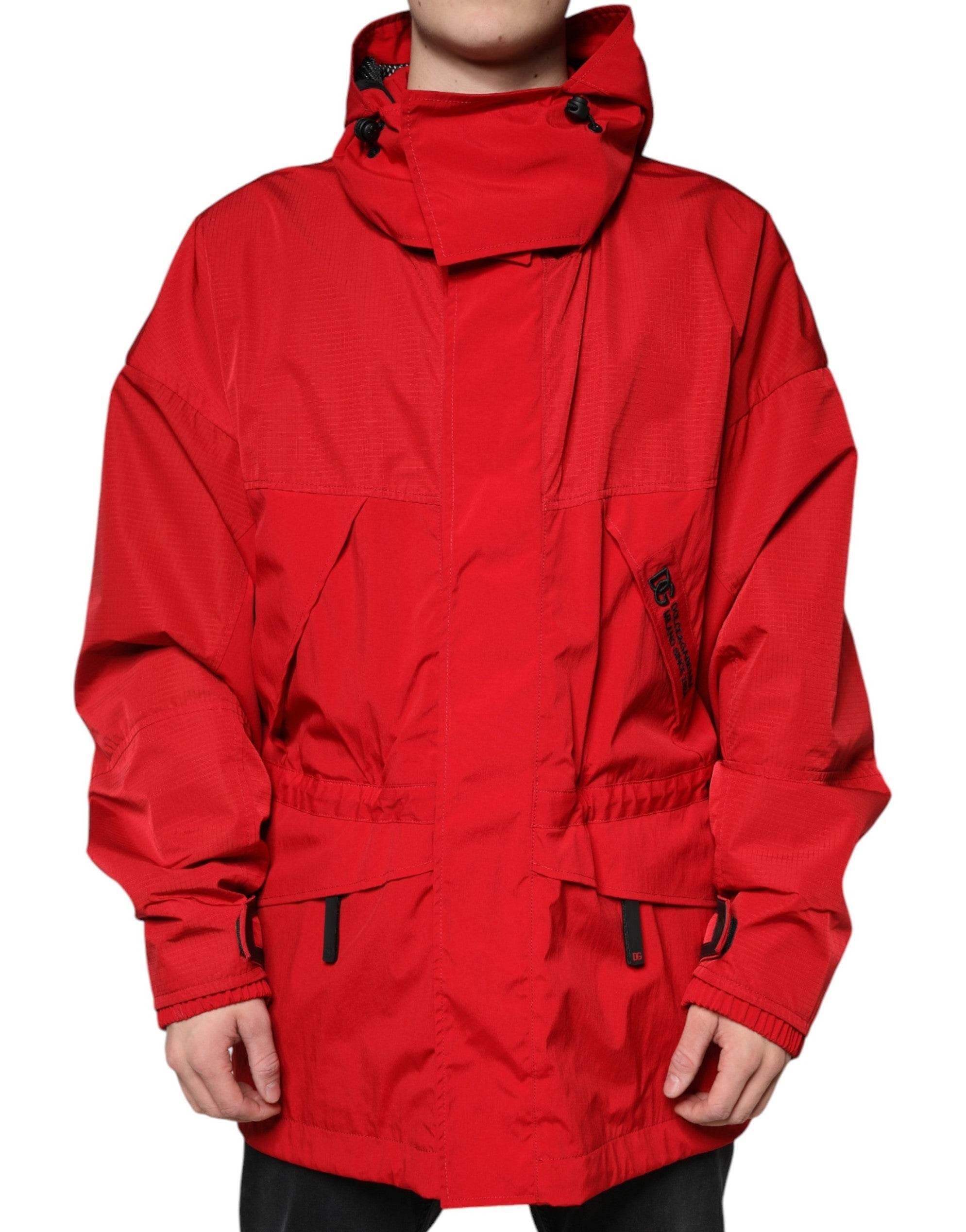 Dolce & Gabbana Red Nylon Hooded Men Full Zip Parka Jacket - Hilstor