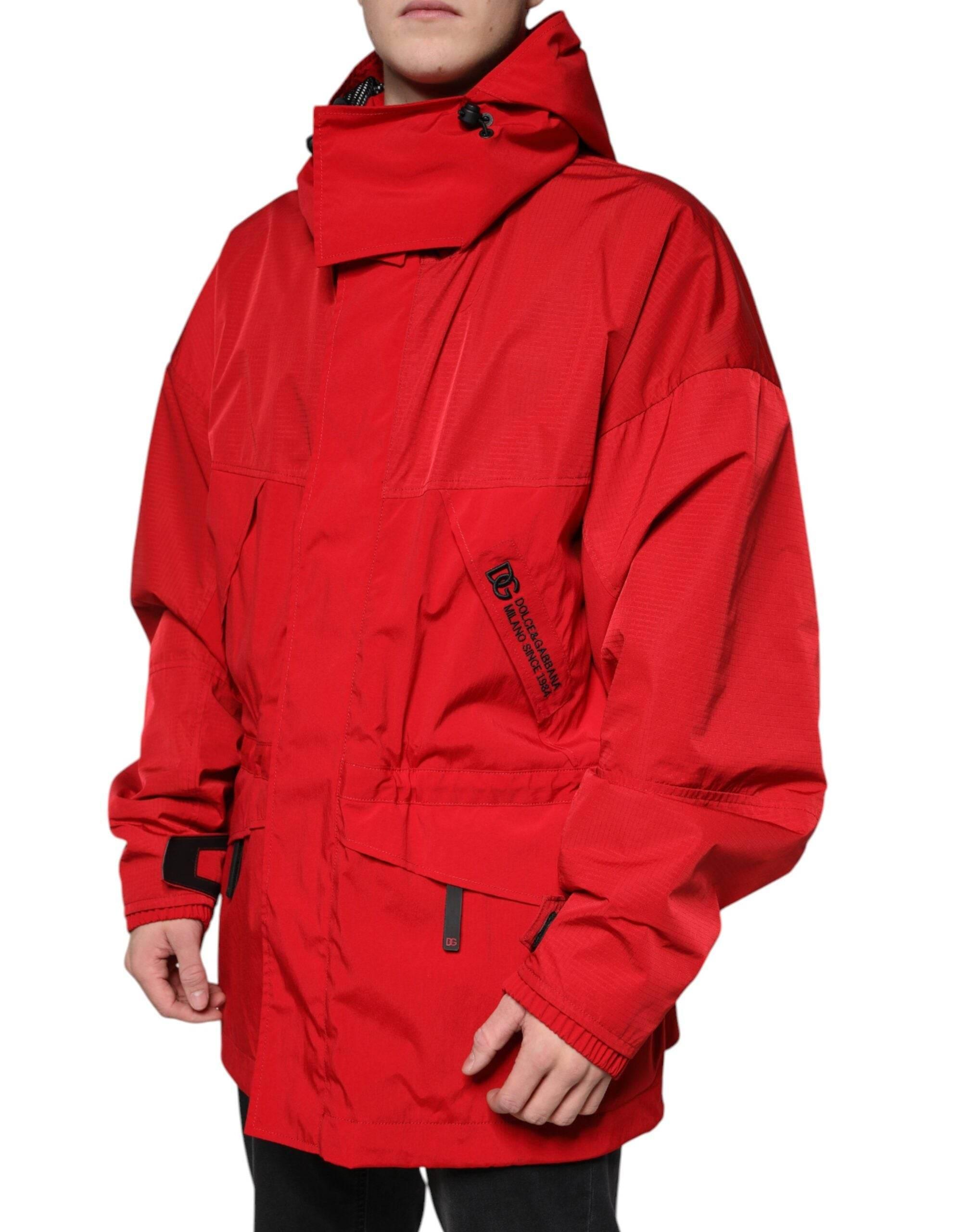 Dolce & Gabbana Red Nylon Hooded Men Full Zip Parka Jacket - Hilstor