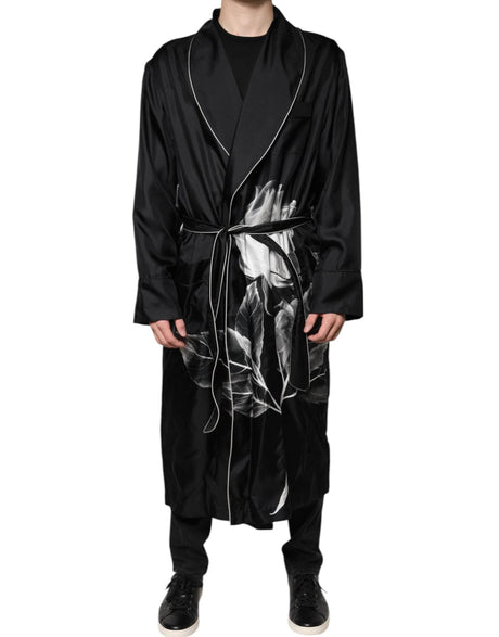 Dolce & Gabbana Black Floral Belted Robe DG Logo Sleepwear - Hilstor