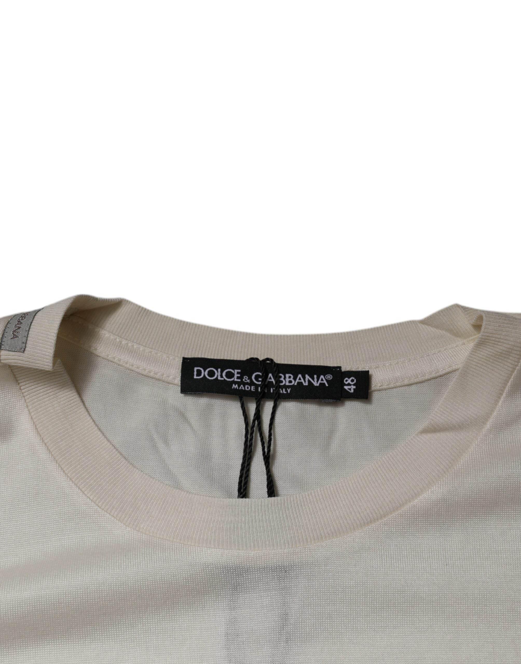 Dolce & Gabbana Off White Silk Crew Neck Short Sleeve T-shirt - Hilstor