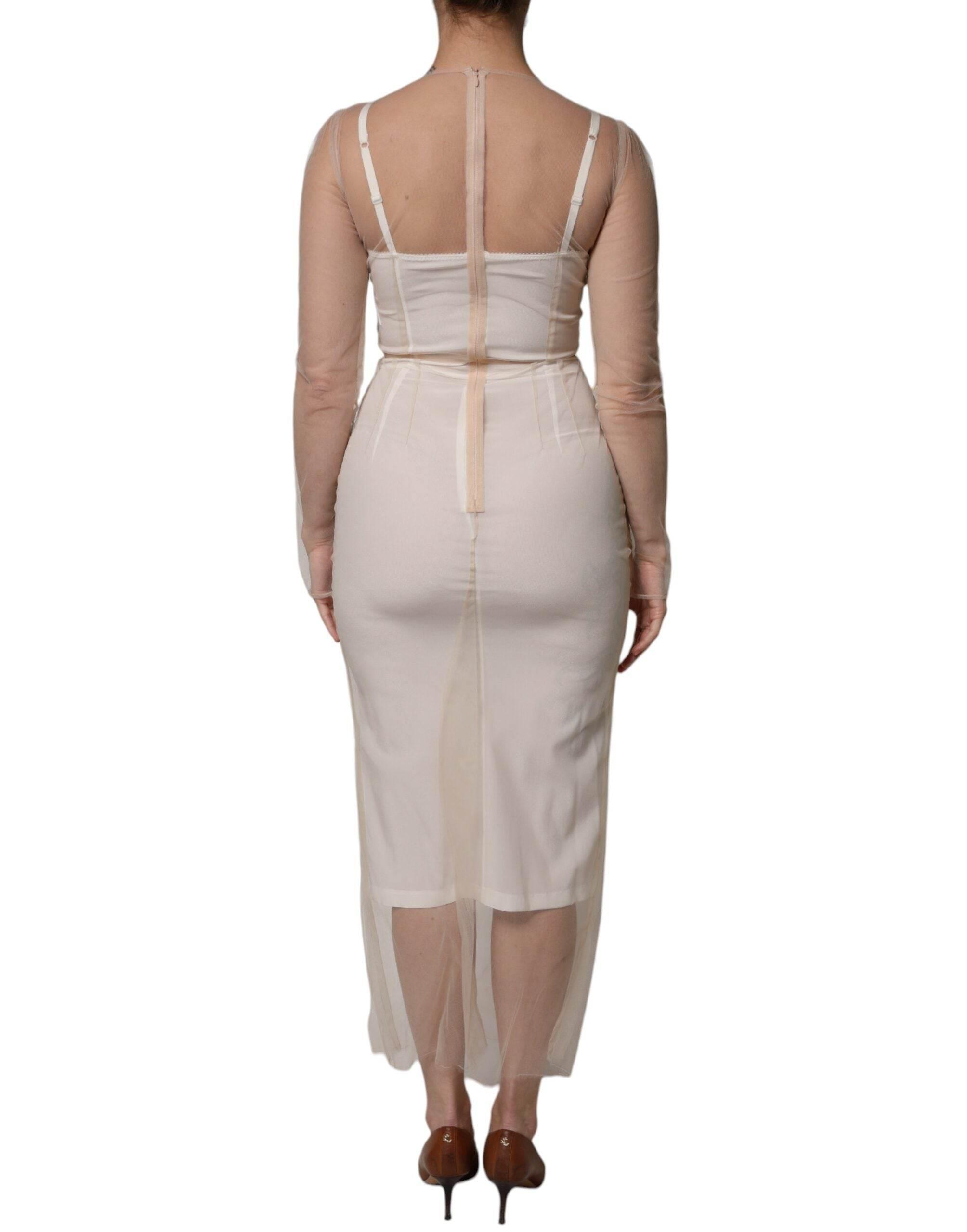 Dolce & Gabbana White Sheer Tulle Bustier Bodycon Midi Dress - Hilstor
