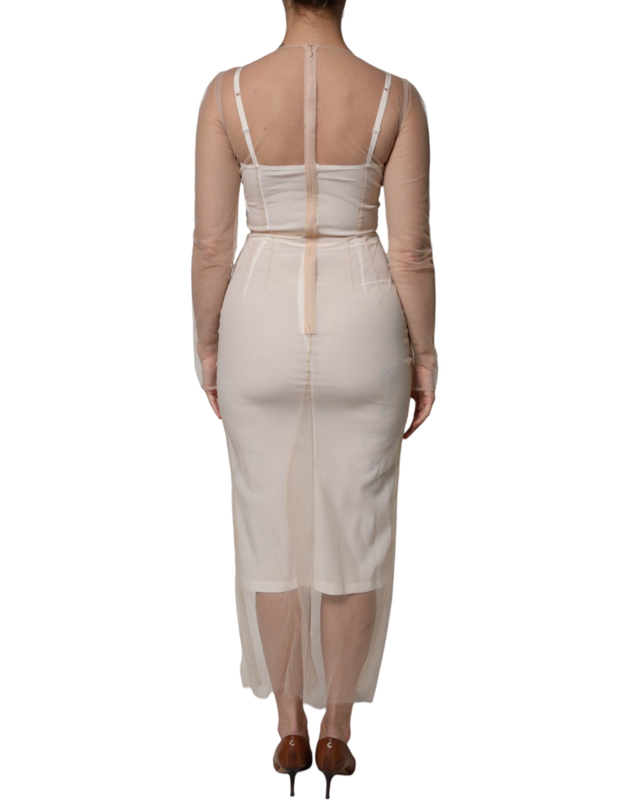 Dolce &amp; Gabbana White Sheer Tulle Bustier Bodycon Midi-kjole