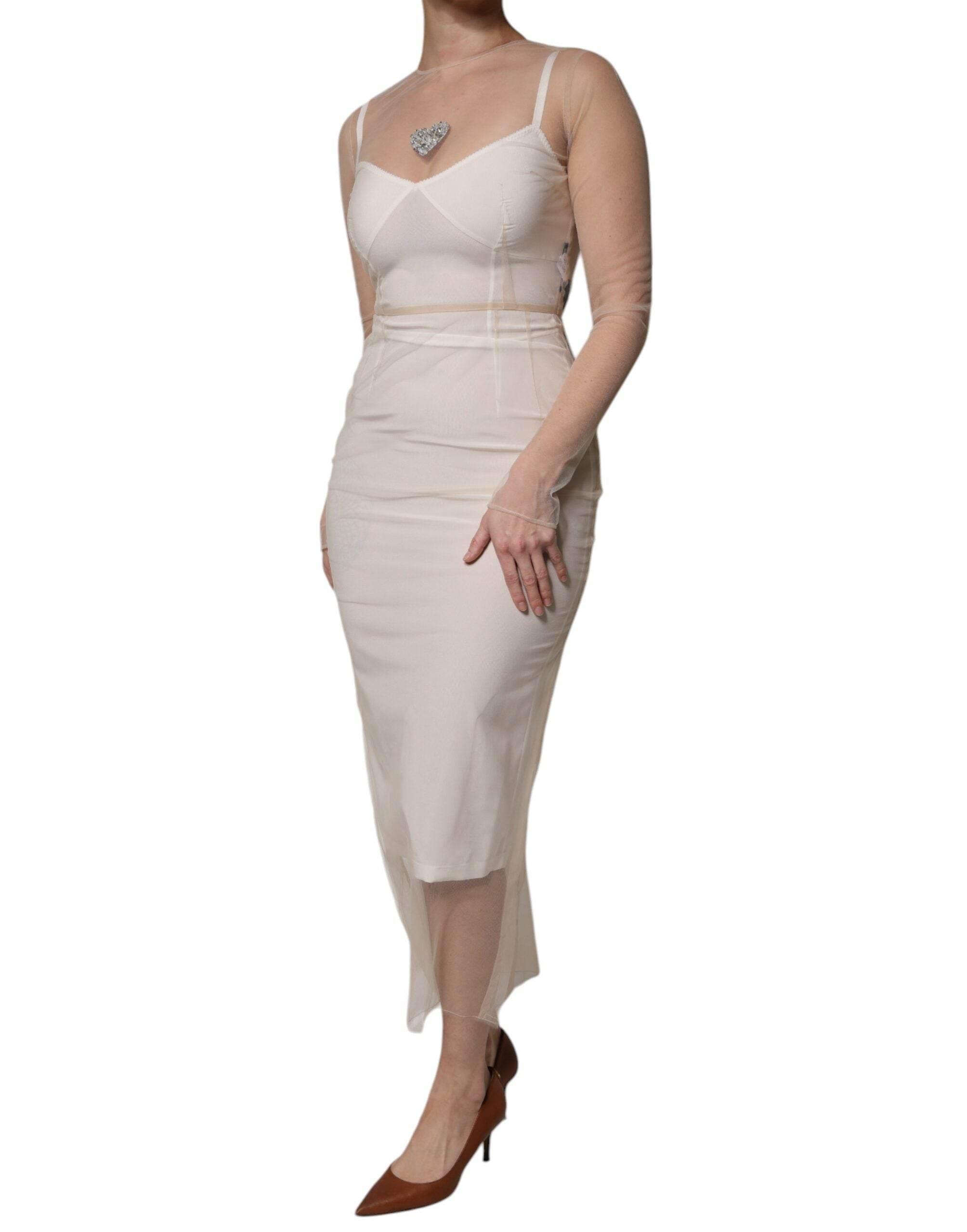 Dolce & Gabbana White Sheer Tulle Bustier Bodycon Midi Dress - Hilstor