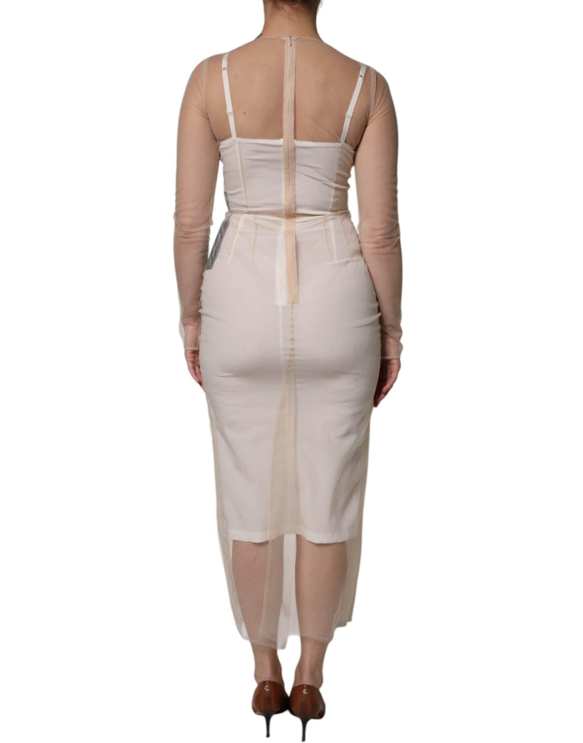Dolce & Gabbana White Sheer Tulle Bustier Bodycon Midi Dress - Hilstor