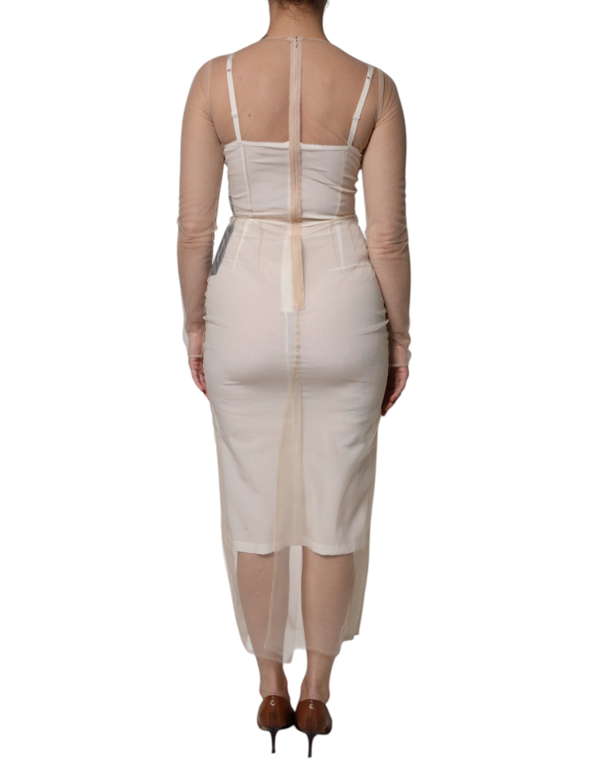 Dolce &amp; Gabbana Vit Skir Tyll Bustier Bodycon Midiklänning