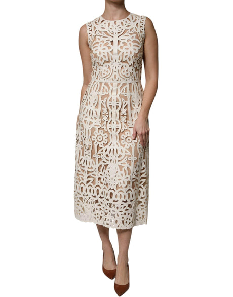 Dolce & Gabbana White Cut Out Leather Sleeveless Midi Dress - Hilstor