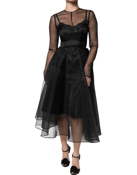 Dolce & Gabbana Black Tulle A-line Midi Cocktail Gown Dress - Hilstor