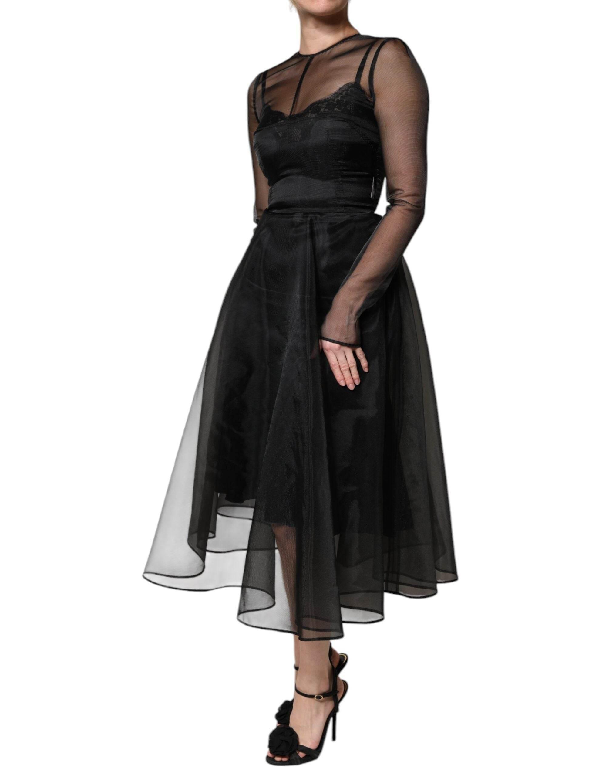 Dolce & Gabbana Black Tulle A-line Midi Cocktail Gown Dress - Hilstor