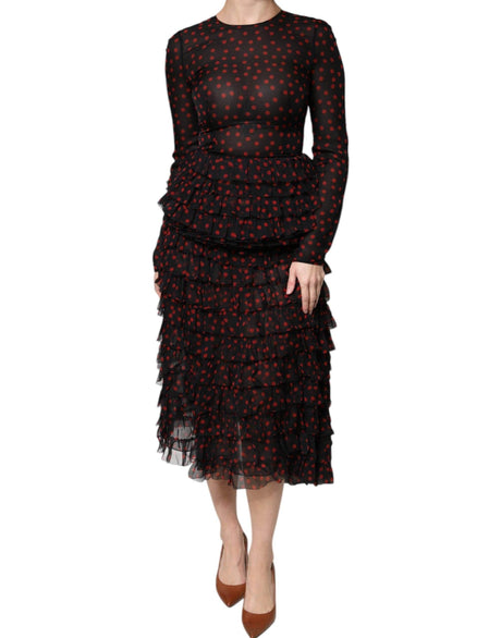 Dolce & Gabbana Black Red Polka Dot Silk Layered Midi Dress - Hilstor